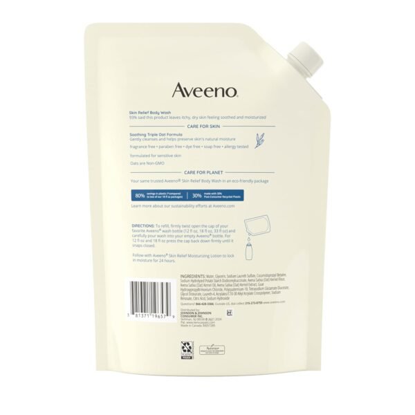 Aveeno Skin Relief Body Wash Fragrance-Free + Triple Oat Formula, Gentle Daily Cleanser for Sensitive Skin Leaves Itchy, Dry Skin Feeling Soothed & Moisturized, Body Wash Refill, 36 fl. oz