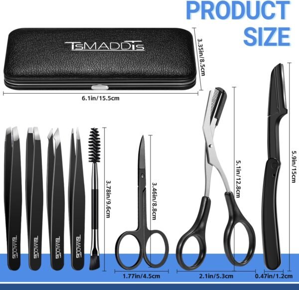 TsMADDTs Eyebrow Kit, 8 in 1 Eyebrow Trimmer Scissors, Tweezers for Women, Razor, Brush with Travel Bag, Tweezers Set for Women and Men, Professional Shaping Grooming Kit