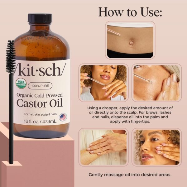 71uEPFo5l1L._SL1500_.jpg Kitsch Organic Castor Oil for Hair Growth - 100% Pure Castor Oil, Organic Cold Pressed Unrefined Glass Bottle for Face, Skin, Lashes, Brows, Scalp, Nails & Belly Button - Hexane Free, USDA - 16 oz