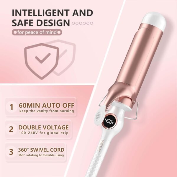 Large Curling Iron 2 Inch Barrel, Long Barrel Curling Wand for Hair, Ceramic Tourmaline Hair Styling Tool, Double Voltage, White