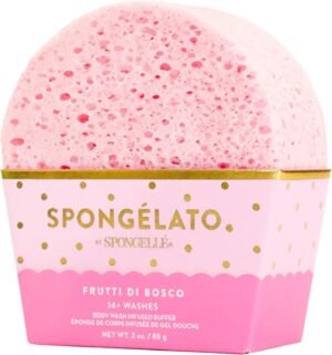 Spongelato Loofah Exfoliating Body Scrubber by Spongelle | Infused with Body Wash | Bath & Shower Loofah for Women | 14+ uses | Frutti di Bosco (Mixed Berries) Gelato Inspired