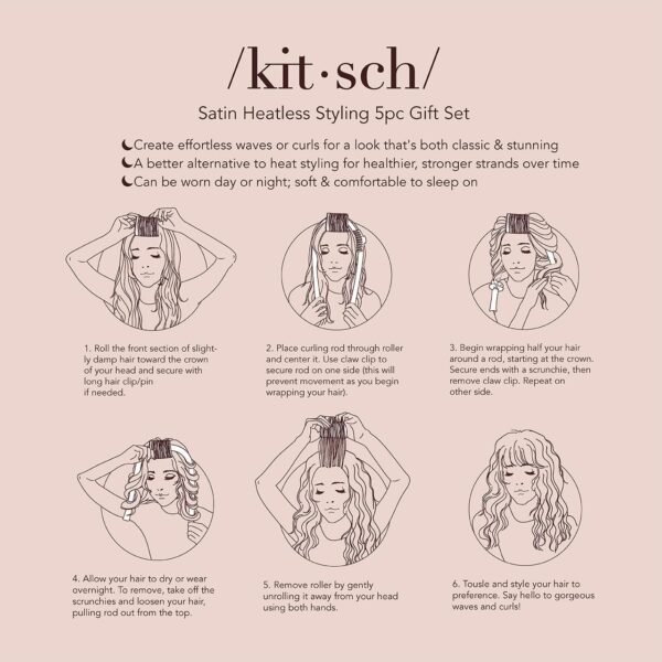 Kitsch Satin Heatless Hair Curler Styling 5pc Gift Set - Satin Heatless Hair Curler w/ 2 Scrunchies, Ceramic Thermal Roller & Claw Clip, Gifts for Women, Hair Roller Styling & Accessories- Champagne