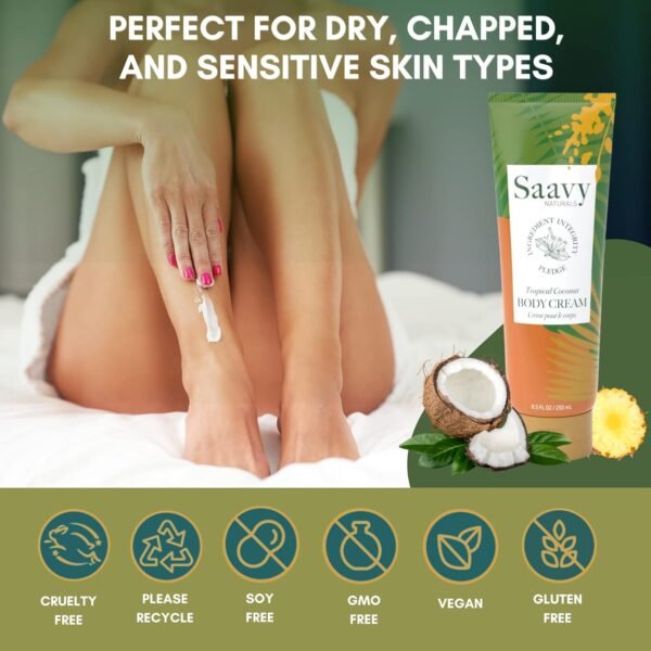 Saavy Naturals Tropical Coconut Body Cream for Men & Women, Absorbent Shea Butter Vegan Formula, Thick and Creamy, Naturally Scented Body Lotion for Dry Skin, 8.5 Oz, 2 Pack. Made in the USA