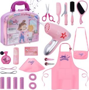 71vbLWAqfiL._AC_SL1500_.jpg Gifts2U Girls Beauty Salon Set, 23 Pcs Kids Beauty Salon Toy Kit Pretend Hair Styling Set for Girls with Blow Dryer, Barber Costume Apron, Scissors and Stylist Accessories