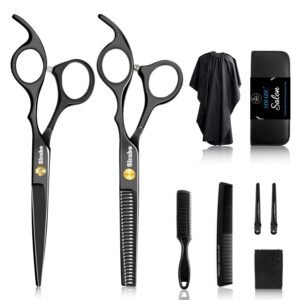 71vuW7i-IIL._SL1500_.jpg Sirabe 10 PCS Hair Cutting Scissors Set, Professional Haircut Scissors Kit with Cutting Scissors, Thinning Shears, Comb, Cape, Clips, Black Hairdressing Texturizing Shears Set for Barber, Salon, Home