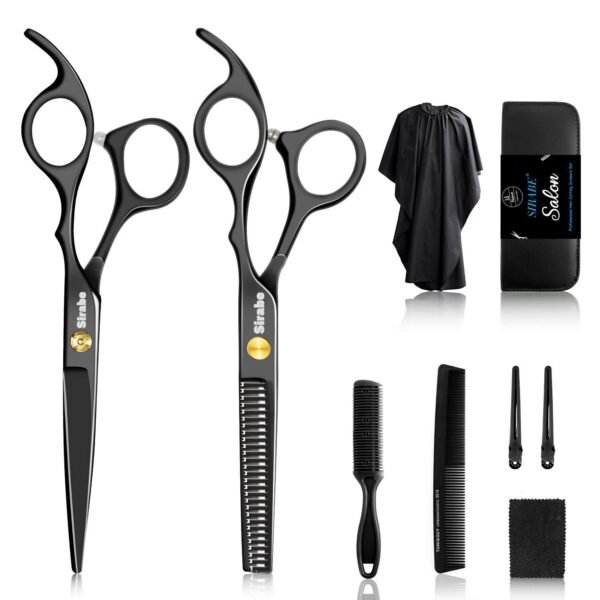 Sirabe 10 PCS Hair Cutting Scissors Set, Professional Haircut Scissors Kit with Cutting Scissors, Thinning Shears, Comb, Cape, Clips, Black Hairdressing Texturizing Shears Set for Barber, Salon, Home
