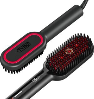 71w5tzqTM5L._AC_SL1500_.jpg TYMO Hair Straightener Brush - Upgraded Ionic Plus Straightening Brush with Dense Bristles, 16 Temps, Dual Voltage | Ceramic Hot Comb for Women | Flat Iron for Thick Curly Hair, Black