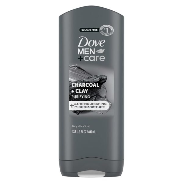 DOVE MEN + CARE Purifying Charcoal + Clay Body and Face Wash with 24-Hour Nourishing Micromoisture Technology Body Wash for Men, 13.5 oz