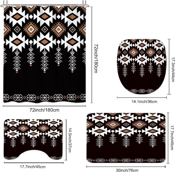 KOMLLEX 4Pcs Black Western Retro Shower Curtain Sets, Bath Mat and Toilet Lid Cover, Boho Southwestern Geometric Abstract Tribal Ethnic Bathroom Decor Set with Rugs and Accessories, 12 Pack Hooks