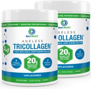 71wcEV9OZtL._AC_SL1500_.jpg BioTrust Tri Collagen Powder - 3-in-1 Hydrolyzed Collagen Peptides Powder (Types I, II, & III) - Grass Fed Collagen Protein Powder for Anti Aging, Skin, Hair, Bone & Joint Health - Unflavored, 2-Pack