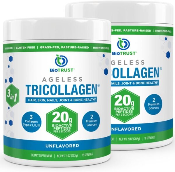 BioTrust Tri Collagen Powder - 3-in-1 Hydrolyzed Collagen Peptides Powder (Types I, II, & III) - Grass Fed Collagen Protein Powder for Anti Aging, Skin, Hair, Bone & Joint Health - Unflavored, 2-Pack