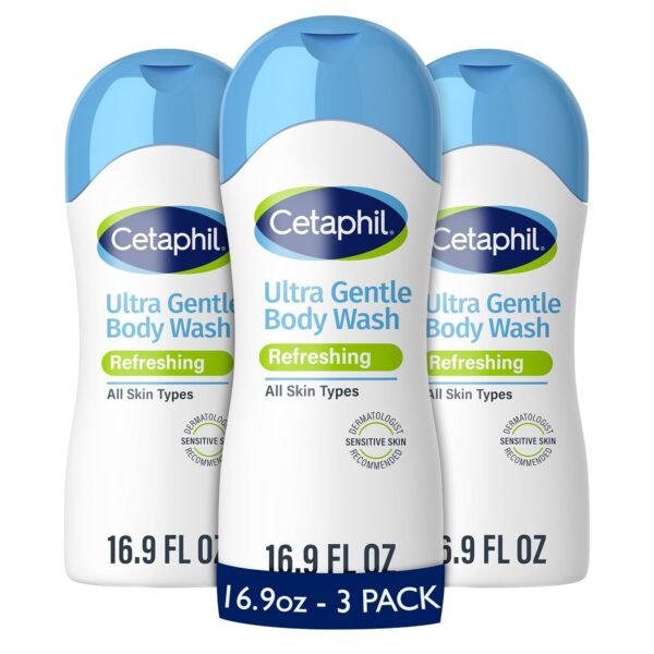 Cetaphil Ultra Gentle Refreshing Body Wash, Refreshing Scent For Dry to Normal, Sensitive Skin, 16.9oz Pack of 3, with Aloe Vera, Calendula, Vitamin B5, Hypoallergenic, Dermatologist Tested