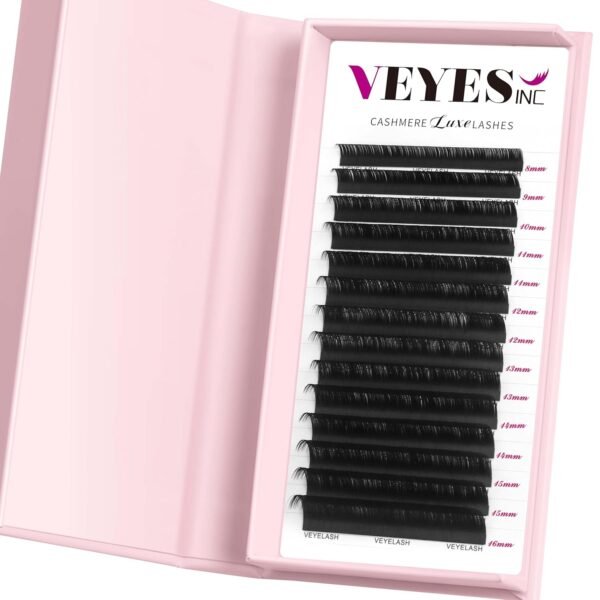 VEYES INC Cashmere Luxe Lashes - Tapered Tips Volume Lash Extension Trays B/C/CC/D/M/J Curl, 0.03-0.05, 8-17mm | Matte Black Professional Eyelash Supplies for Lash Techs (0.03 D 8-16mm)