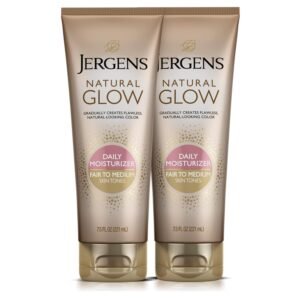 Jergens Natural Glow Self Tanner Body Lotion, Sunless Tanning, Fair to Medium Skin Tone, Daily Moisturizer with Coconut Oil, Vitamin E and Antioxidants, 7.5 Oz, Pack of 2