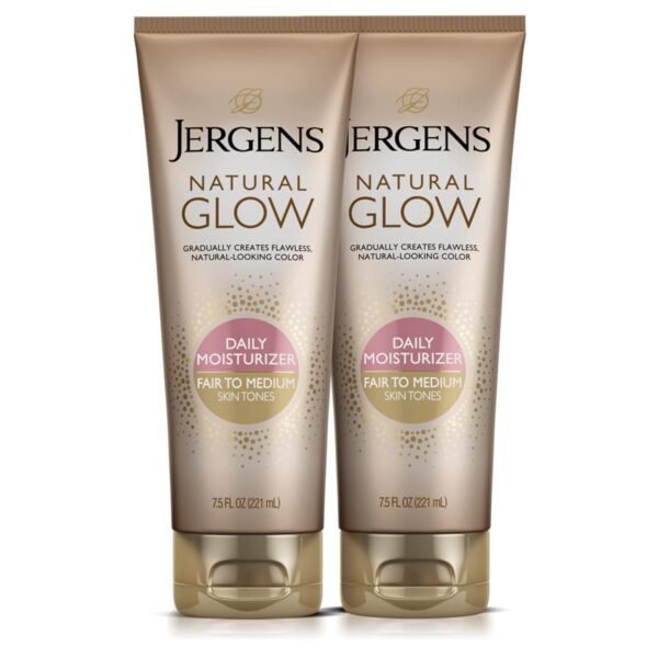 Jergens Natural Glow Self Tanner Body Lotion, Sunless Tanning, Fair to Medium Skin Tone, Daily Moisturizer with Coconut Oil, Vitamin E and Antioxidants, 7.5 Oz, Pack of 2