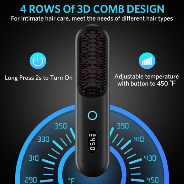 71wzyPd9JeL._AC_SL1500_.jpg Cordless Hair Straightener Brush – Portable Ionic Hot Comb with 65W Fast Charger, Mini Travel Hair Straightening Brush for Women, Lightweight for On-The-Go Styling (Black)