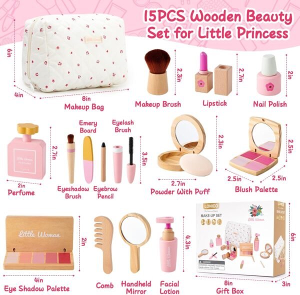 Wooden Makeup Toy Set for Girls Pretend Play Makeup Kit for Toddlers 3-5 with Eyeshadow/ Mascara/ Perfume/ Blush/ Mirror/ Bag, Birthday Gifts for Girls Toys Kids Aged 3 4 5 6 7 8