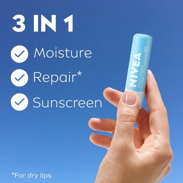 71xOZT-E1IL._SL1500_.jpg NIVEA Smoothness Lip Care, Sunscreen Lip Balm with SPF 15 Broad Spectrum, Shea Butter, Nourishing Oils and Vitamin C & E, 3-in-1 Moisture, Repair and Sunscreen, 0.17 Oz Stick, Pack of 4