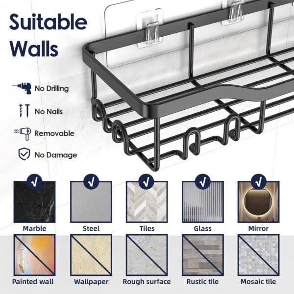 Shower Caddy Adhesive Shower Organizer 7-Pack, Rustproof Stainless Steel Bathroom Shelves, Large Capacity No-Drill Rack Storage Accessories with Soap Dish Toothbrush Holder &24 Hooks Home Decor