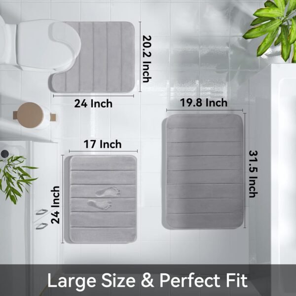 Yimobra Memory Foam Bath Mat Set 3 Pieces- Super Soft Absorbent Quick Dry Bathroom Rug Sets, Machine Washable Non Slip Floor Carpet for Tub Shower, Vanity & Toilet Base, Gray
