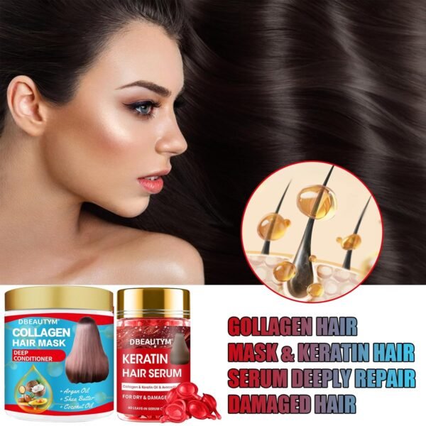 Collagen Hydrating Hair Mask Keratin Hair Serum,Natural Deep Conditioner Hair Mask,Moisturizing Hair Oil for Split Ends, Hair Styling Serum for Frizzy & Dry Hair,Keratin Styling Oil Capsules