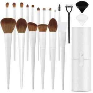 Makeup Brushes With Case 20PCs Professional Makeup Brush Set, Foundation Powder Eyeshadow Brush Set Eyebrow Concealer Contour Travel Brushes Kit with Holder & 2 Powder Puff-White