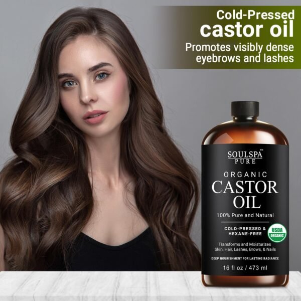 71y1DhvjhmL._SL1500_.jpg Organic Castor Oil for Hair, Scalp, Skin, Face & Eyelashes | USDA Certified | 100% Pure Castor Oil Organic Cold Pressed Unrefined Glass Bottle, Hexane Free - Soulspa Pure - 16 fl oz