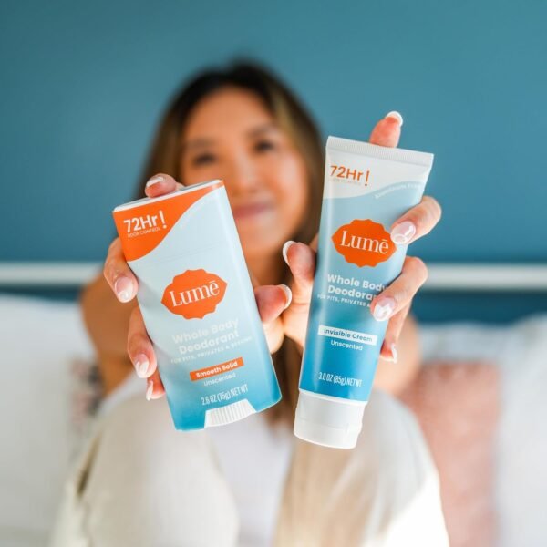 Lume Whole Body Deodorant - Invisible Cream and Solid Unscented - 72 Hour Odor Control - Aluminum & Baking Soda Free, Skin Safe - 3 oz Cream & 2.6 oz Solid Bundle