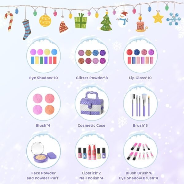 GirlsHome Kids Makeup Set for Girl 56 Pcs Washable Real Cosmetic, Non-Toxic Frozen Toys Toddler Makeup Kit, Frozen Princess Dress up Kit Christmas & Birthday Girl Gift for 3-12 (Frozen Purple)