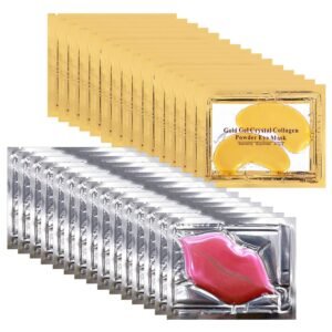 30 Pairs Lip Masks & Gold Hydrogel Collagen Eye Masks, Under Eye Patches Gel Pads for Dark Circles and Puffiness, Moisturizing & Anti-Ageing Skincare for All Skin Types