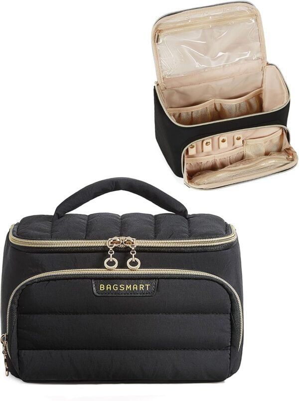 BAGSMART Travel Makeup Bag with Jewelry Organizer, Portable Make Up Bag, Puffy Wide-Opening Cosmetic Storage Pouch for Women’s Toiletries and Travel Essentials (Black)