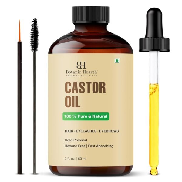 Botanic Hearth Castor Oil | 100% Pure & Natural, Cold Pressed | 2 Fl Oz (60 Ml) | For Hair, Eyelashes & Eyebrows | Hexane Free, Fast Absorbing | With Applicators & Dropper