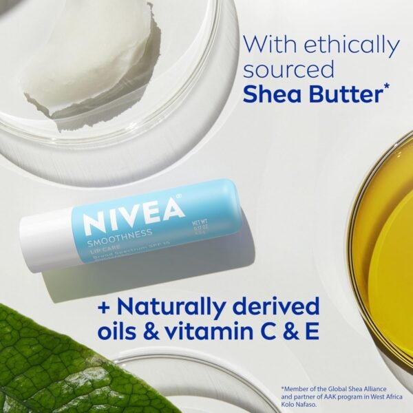 71zdgjbDrvL._SL1500_.jpg NIVEA Smoothness Lip Care, Sunscreen Lip Balm with SPF 15 Broad Spectrum, Shea Butter, Nourishing Oils and Vitamin C & E, 3-in-1 Moisture, Repair and Sunscreen, 0.17 Oz Stick, Pack of 4