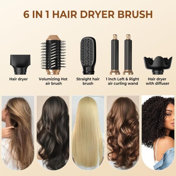 6 in 1 Hair Dryer Brush, Foldable Blow Dryer Brush with Wrap Curler, Detachable Air Hair Styler Curling, Drying,Volumizing, Straightening, Negative Ionic Hair Dryer with Diffuser, Hair Styling Tools