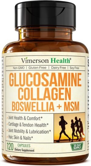 Glucosamine Chondroitin MSM with Hydrolyzed Collagen Peptides - Joint Support Supplement with Quercetin, Bromelain & Boswellia Extract - Collagen pills for Hair Skin Nails - 120 Capsules