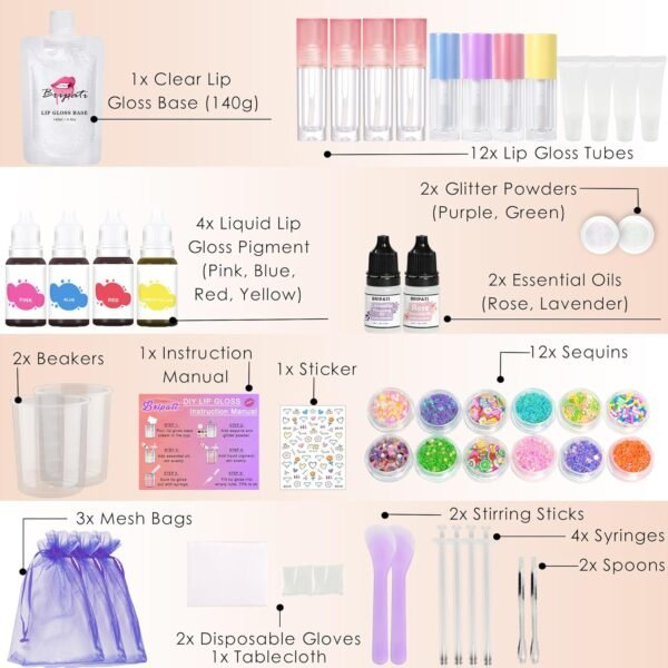 DIY Lip Gloss Making Kit - All-in-One to Make Your Own Lip Care Gloss Set with Clear Base, Pigments, Glitter, Tubes, Fun Creative Gift for Women Girls Makeup Lovers in Christmas Birthdays