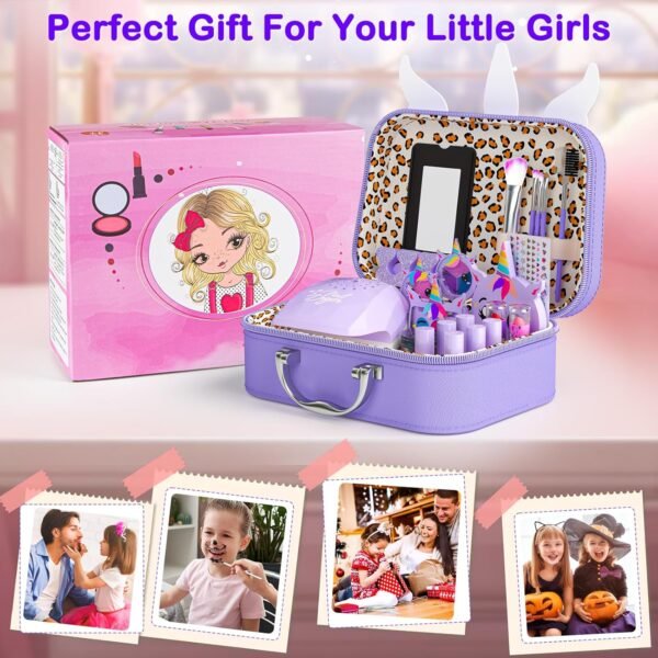 Kids Makeup Kit for Girl - 2 in 1 Kids Washable Makeup Toys & Nail Art Kit with Nail Dryer and Cosmetic Storage Case, Girls Princess Dress Up Set, Real Makeup Kits for Ideal Gift Toys for 3-12 Year