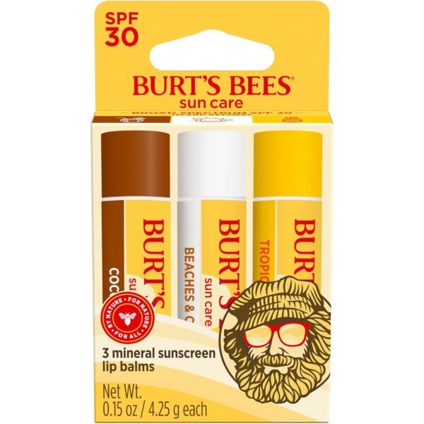 81-7oxQ3vIL._SL1500_.jpg Burt’s Bees SPF 30 Lip Balm, Island Getaway - Coco Loco, Beaches & Cream, Tropic Like It's Hot, Water-Resistant Sun Care, Natural Origin Lip Treatment, 3 Tubes, 0.15 oz
