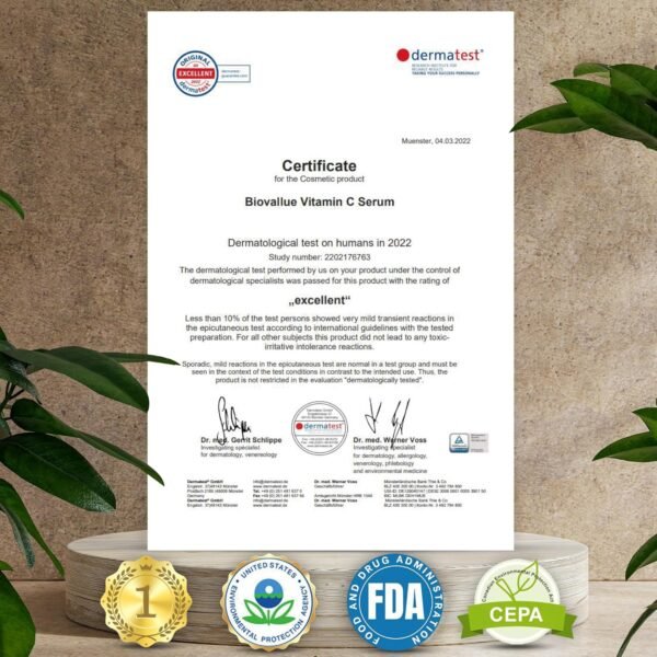 This vitamin C serum is perfect for daily use. It absorbs quickly and leaves a refreshed and hydrated skin feeling. Experience effective results and reveal a younger-looking complexion with Biovallue.