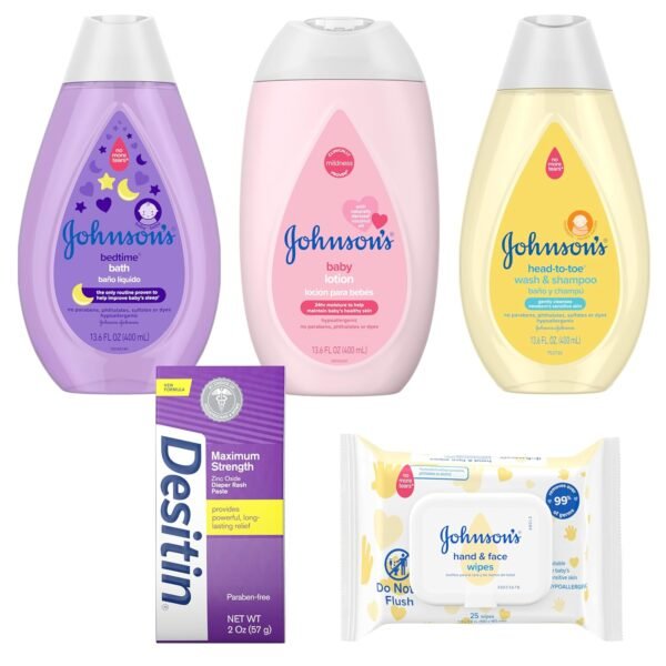 Johnson's Baby Here Comes Baby Gift Set, Baby Essentials for New Parents with Moisturizing Lotion, Bedtime Bath, Body Wash & Shampoo, Hand & Face Wipes, & Diaper Rash Cream, 5 Items