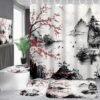 4-Piece Cherry Blossoms Shower Curtain Set Mountain Bathroom Set with Shower Curtain and Rugs, Japanese Style Bath Curtain with Hooks for Home Decor