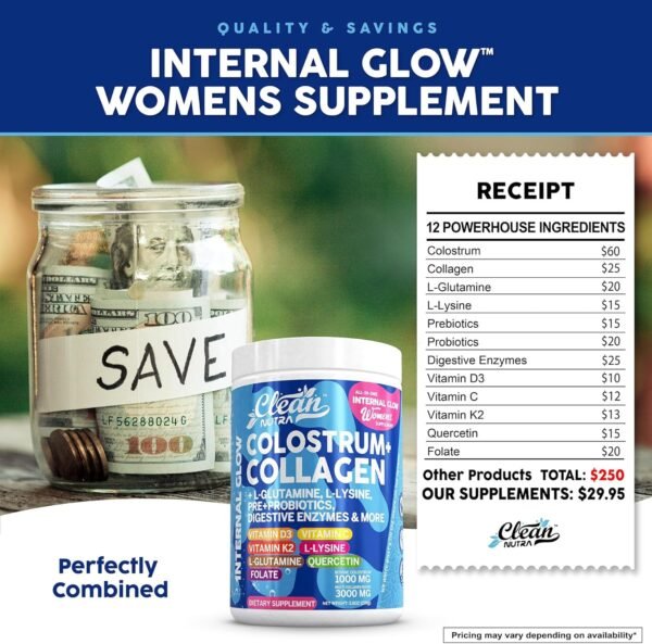 Bovine Colostrum+Collagen Peptides Powder| L-Glutamine L-Lysine Prebiotics Probiotics Digestive Enzymes Vitamin D K2 Vitamin C Quercetin & Folate|Gut Health Supplement Internal Glow By Clean Nutra (1)
