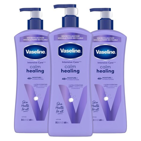 Vaseline Intensive Care Calm Healing Body Lotion 3 count for Dry Skin Made with Ultra-Hydrating Lipids and Lavender Extract to Heal and Restore Dry Skin 20.3 oz