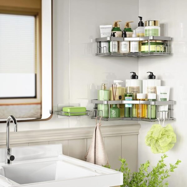 MAXIFFE 3 Pack Corner Shower Caddy with Soap Holder, Large Capacity Sturdy Easy Install No Drilling Stainless Steel Hold 40 LBS Shower Organizer Shelves Rack Storage for Family Renter Bathroom, Silver