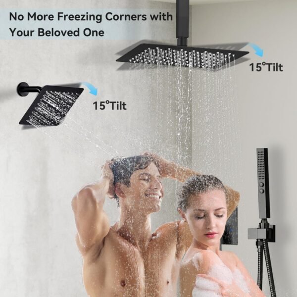 Shower Faucet Set Matte Black Shower System,Bostingner Five Function Diverter Shower Faucet with 2 in 1 Handheld,10'' Ceiling Mount and 6’‘ Wall Mount Shower Head Rainfall Shower Set with Valve