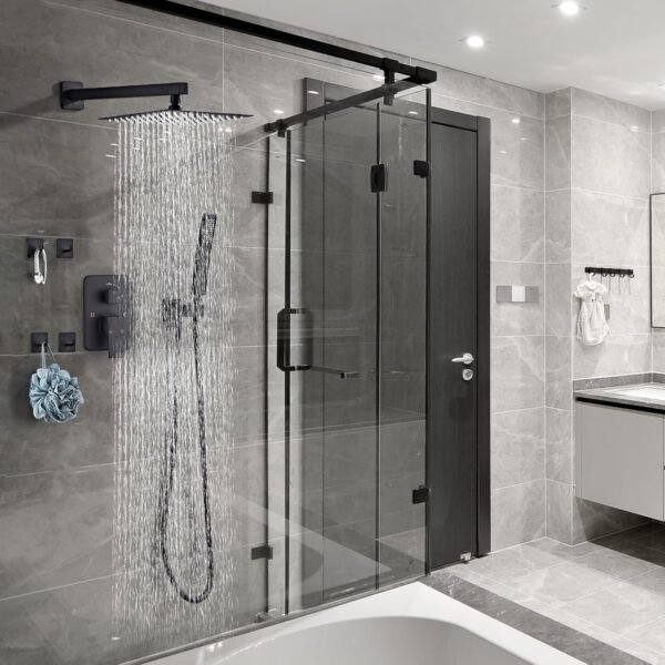 Shower Faucet Set, Matte Black Rainfall Shower System Complete Wall Mounted for Bathroom with 8 Inch Square Shower Head and Handheld Shower Head Rain Mixer Combo Set