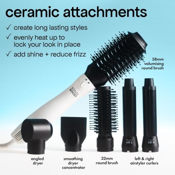 810Zewt89L._AC_SL1500_.jpg BONDIBOOST 6-in-1 Everlast Airstyler System - Wet to Dry Hair Styler, Hair Dryer Brush with Curlers, Round Brushes, Dryer & Concentrator Attachments, Versatile Heat & Airflow Settings + All Hair Types