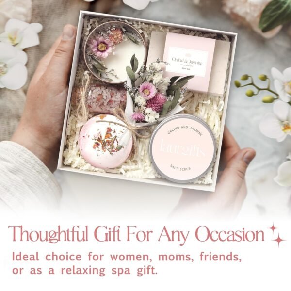 Orchid & Jasmine Spa Gift Baskets for Women – Scented Self Care Shower Essential - Elegant Kit for Mom, Wife, Sister, Friend - Body Bath Set - Aromatic Box for Occasions - Home Spa-Inspired