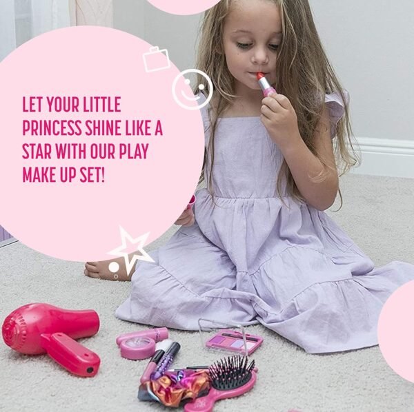 PixieCrush Kids Makeup Kit - Play Hair Styling and Pretend Beauty Set with Hair Dryer and Flat Iron - Fake Makeup for Girls Ages 3-10 - Comes in a Pink Carrying Case