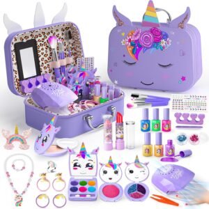 Kids Makeup Kit for Girl - 2 in 1 Kids Washable Makeup Toys & Nail Art Kit with Nail Dryer and Cosmetic Storage Case, Girls Princess Dress Up Set, Real Makeup Kits for Ideal Gift Toys for 3-12 Year